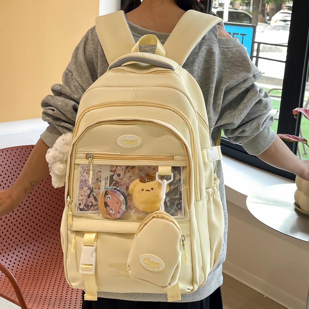 Color Solid Simple Letter Embroidery Student Backpack With Pendant And Badge