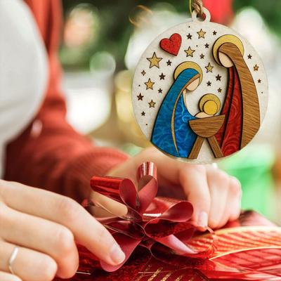 Yousheng Nativity Scene Ornaments The Birth of Jesus Christian Ornament Round Wooden Religious Christmas Hanging Ornament for Xmas Tree Home Decor
