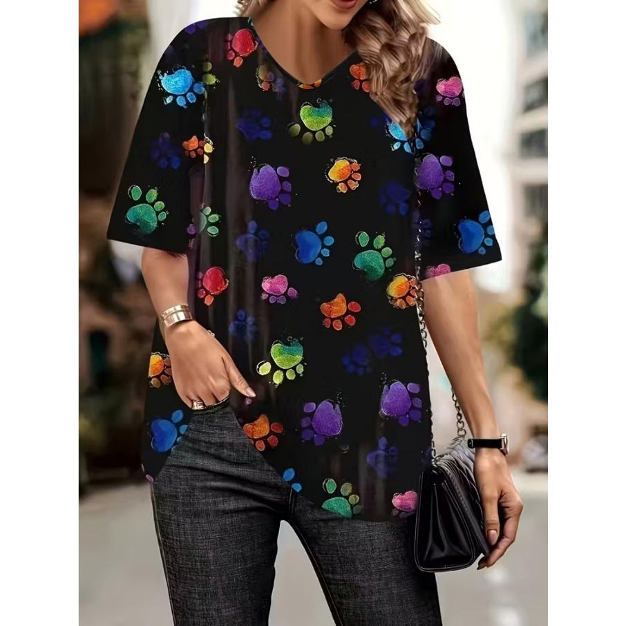 XL-7XL Damski T-shirt Plus Size z Gradientem, Casualowy, z Nadrukiem 3D, Luźny, z Dekoltem w Serek, z Krótkim Rękawem