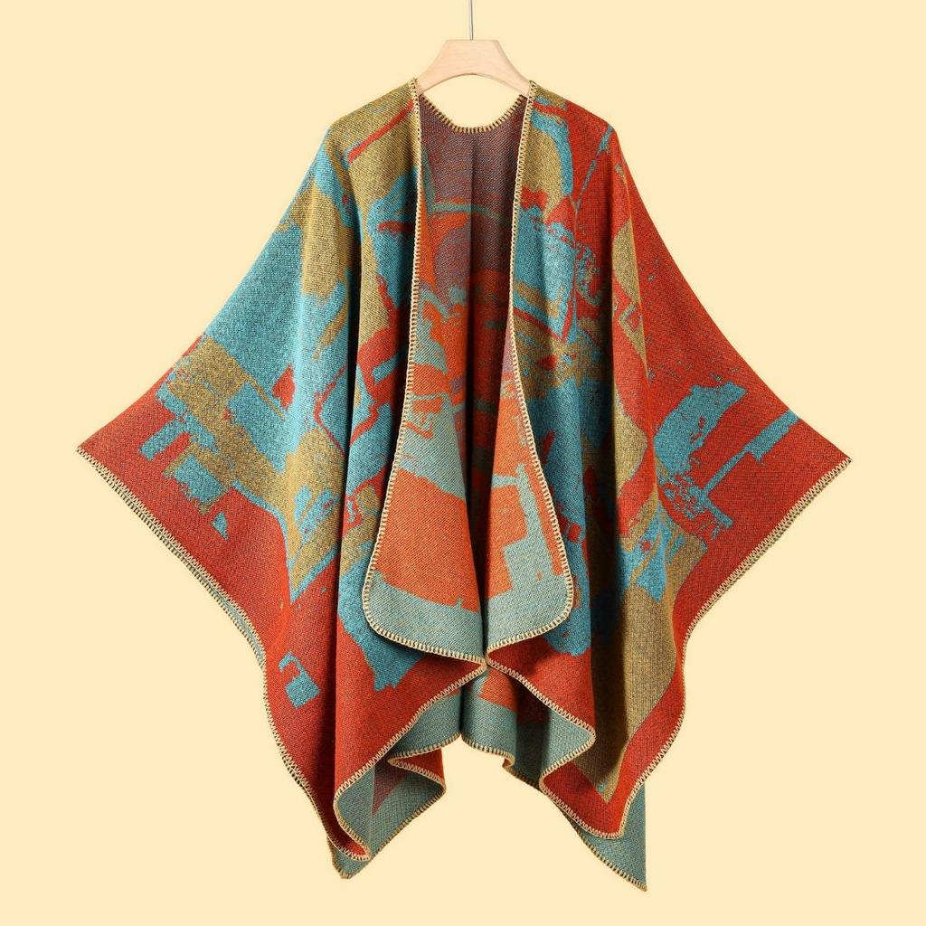Sciarpa Autunnale e Invernale, Scialle da Viaggio Versatile a Quadri da Donna, Mantello Spaccato Spesso Etnico in Imitazione Cashmere