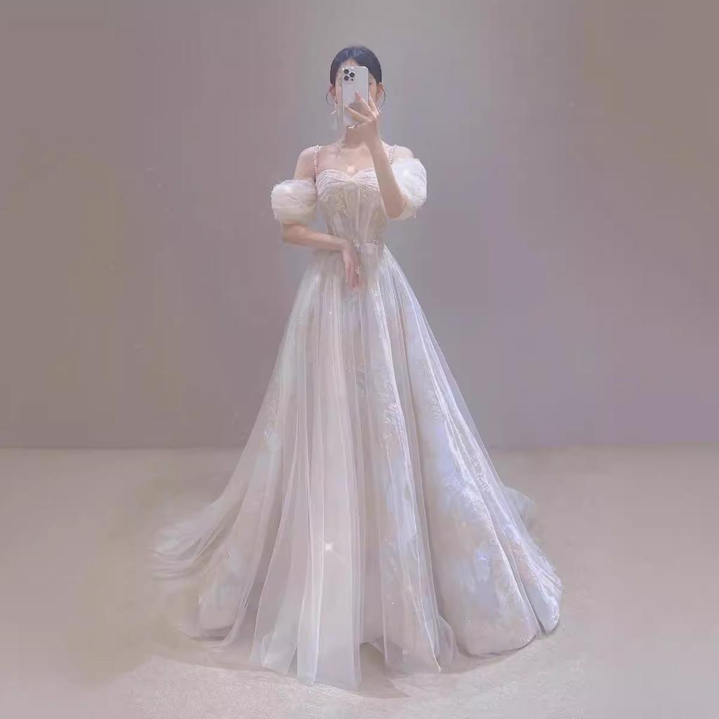 Romantic Fairy Toast Dress Bride Engagement High-end Light Luxury Niche Wedding Banquet Birthday Word Shoulder Evening Dress Dress Dress