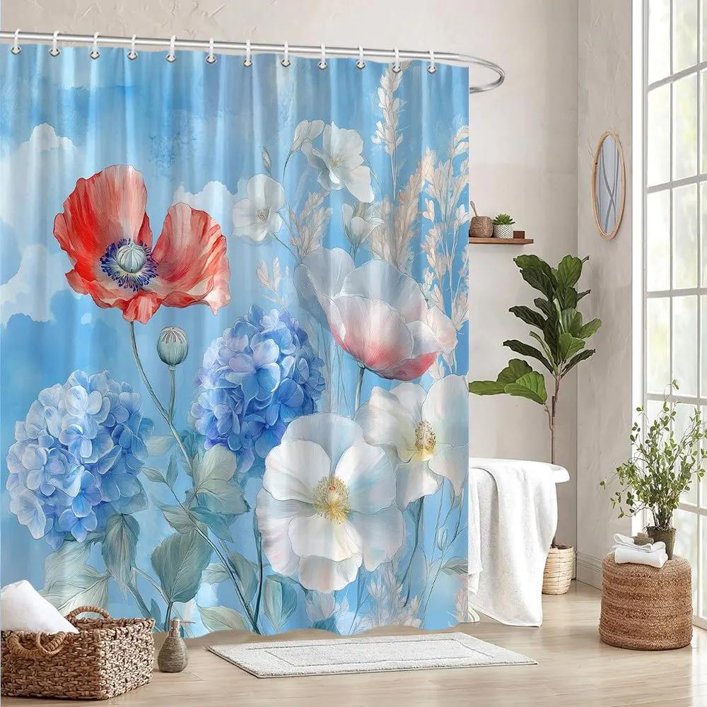 Watercolor Floral Curtain - Red Poppies, White Peonies, Blue Hydrangeas On Sky-Blue, Velvety Petals, Realistic Design, Polyester