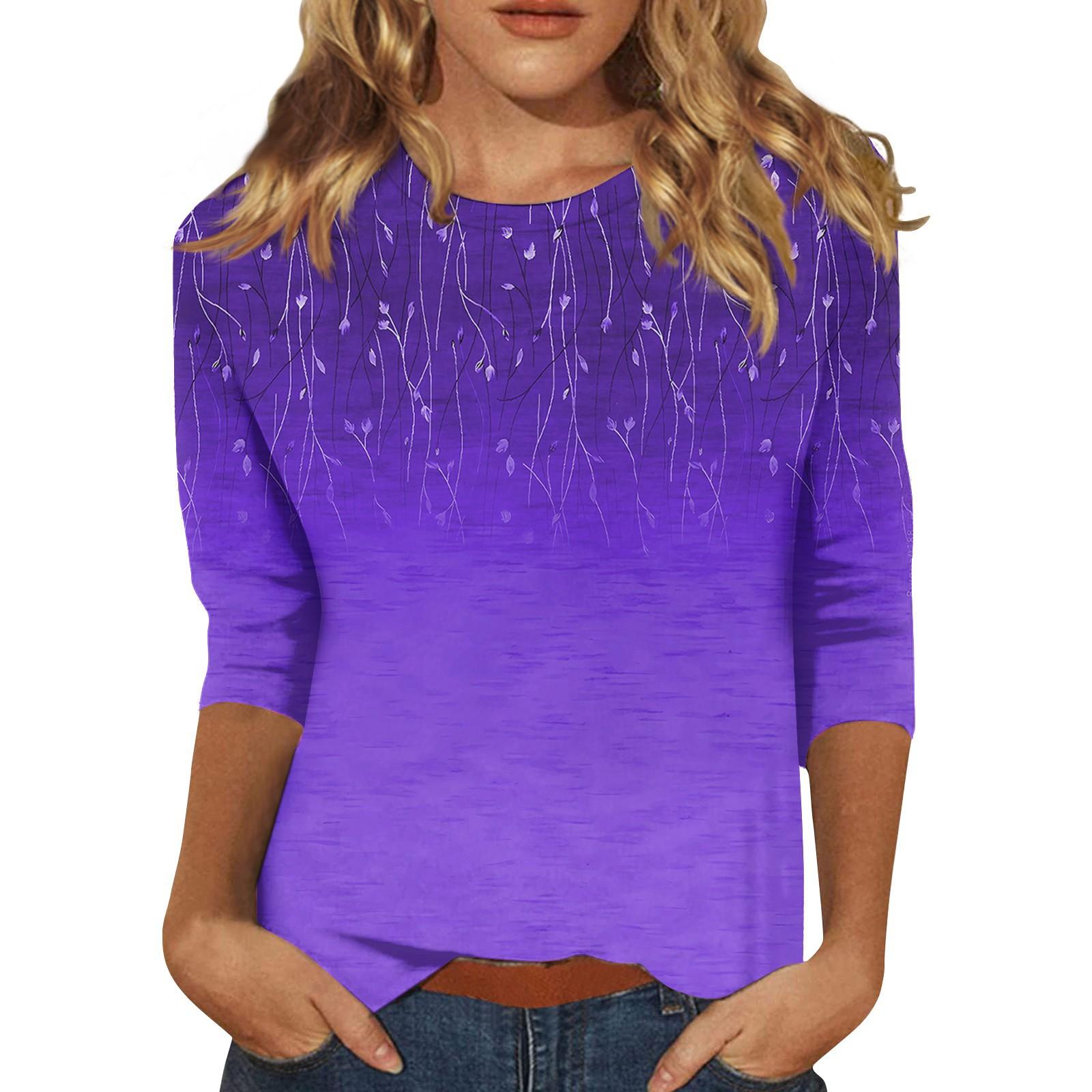 

Women s Fashion Casual 3/4 Sleeve Foral Print Stand Collar Pullover Top M фіолетовий
