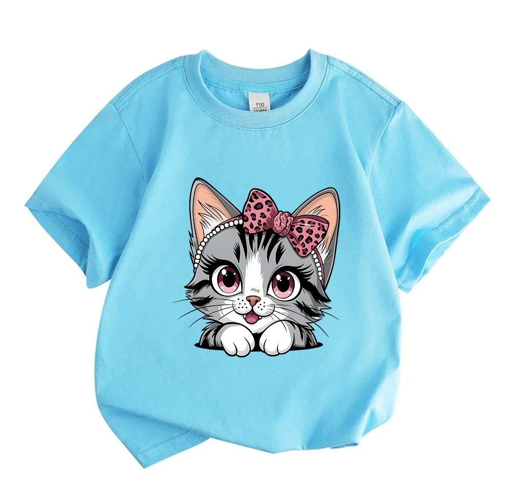Kids Boys Girls 100% Cotton Short Sleeve Crew Neck T-Shirt, Cute Pink Bow Leopard Print Gray Tabby Cat Graphic Casual Soft Tee for Children Daily Wear