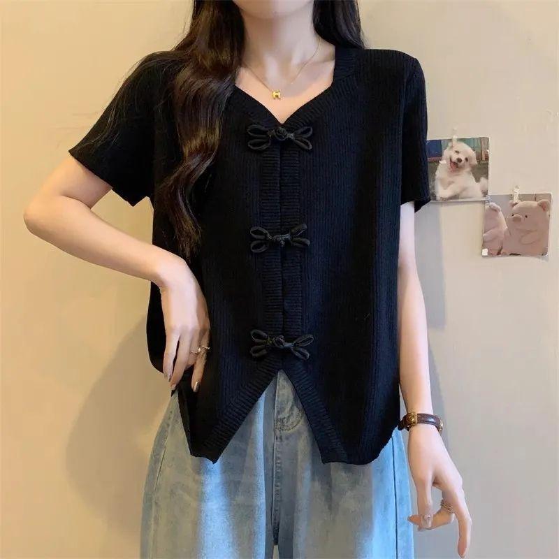 Large size irregular new Chinese style short-sleeved t-shirt women s summer new niche design versatile age-reducing top S чёрный