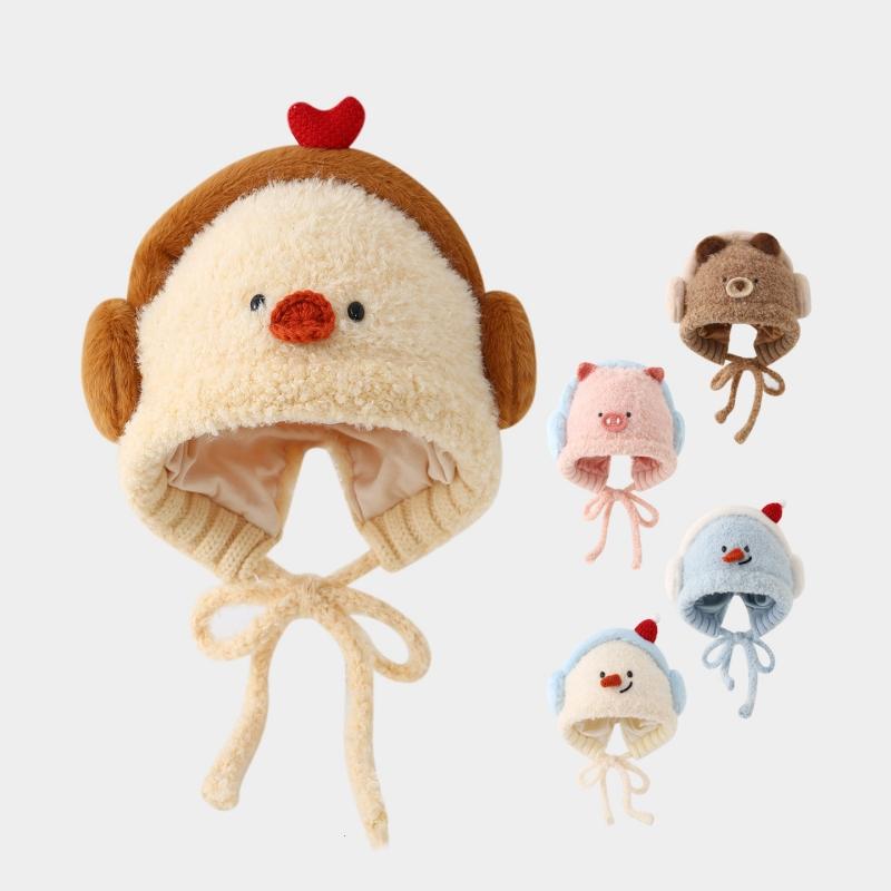 Cute Animal Thicken Warm Ear Protection Cap Kids Lacing Hat Outdoor Cold-proof Toddler Winter Knitted Plush Earmuffs Beanie