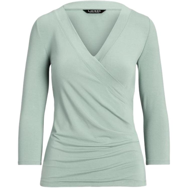 

Женская футболка поло Ralph Lauren однотонная с V-образным вырезом, облегающего кроя, с рукавами три четверти, светло-голубая WMLRKNIS5020109-300 S