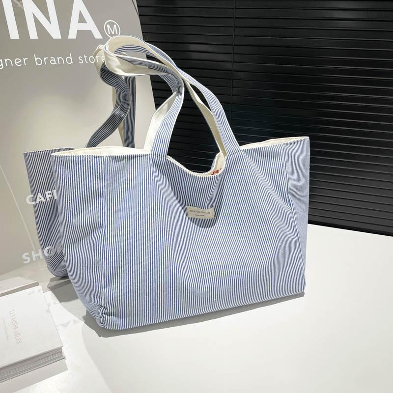 New Double-sided Shoulder Bag Large-capacity Tote Bag Literary Texture Embroidery Student Canvas Striped Commuter Bag