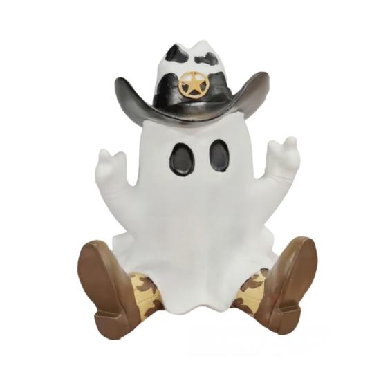 Halloween Cowboy Ghost Statue Resin Ghost Figurine in Cowboy Boots Hat Tabletop Ghost Decoration for Home Party Centerpiece Mantel