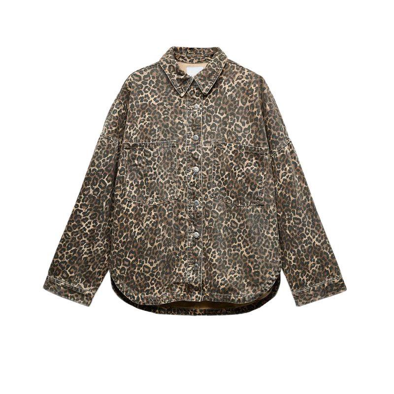 Spring New Women's Clothing Leopard-Print Shirt Outwear 5520264 High Waist Loose Denim 6688241