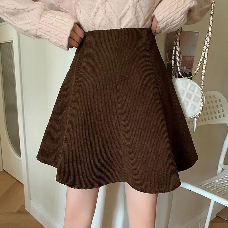 Women's Black High-Waist Corduroy A-Line Skirt - Slim Fit, Casual, Short, for Fall/Winter 2022
