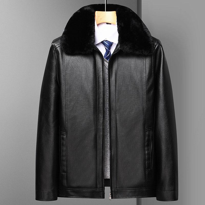 Faux Leather Jackets Men Turn Down Collar Solid Thick Warm Full Sleeve Zipper Coats Autumn Winter Punk Splice Coat Jacket