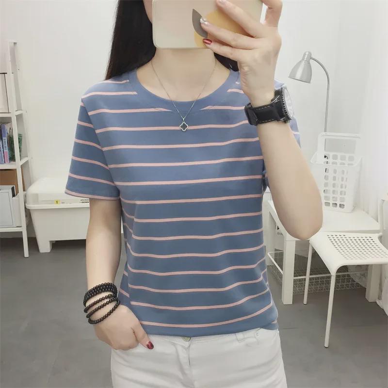

2023 Летняя женская хлопковая полосатая футболка больших размеров - свободный крой, круглый вырез, короткие рукава