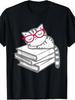 Cat Book Nerd Reader with Glasses Cute Geek Funny TShirt for Men Unisex KidsRetro Casual Crew Neck Printed T-Shirt