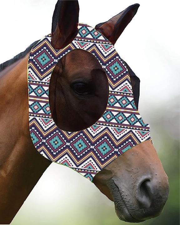 "Breathable Horse Head Cover with Anti-Mosquito Protection and Various Prints for Equestrian Use"