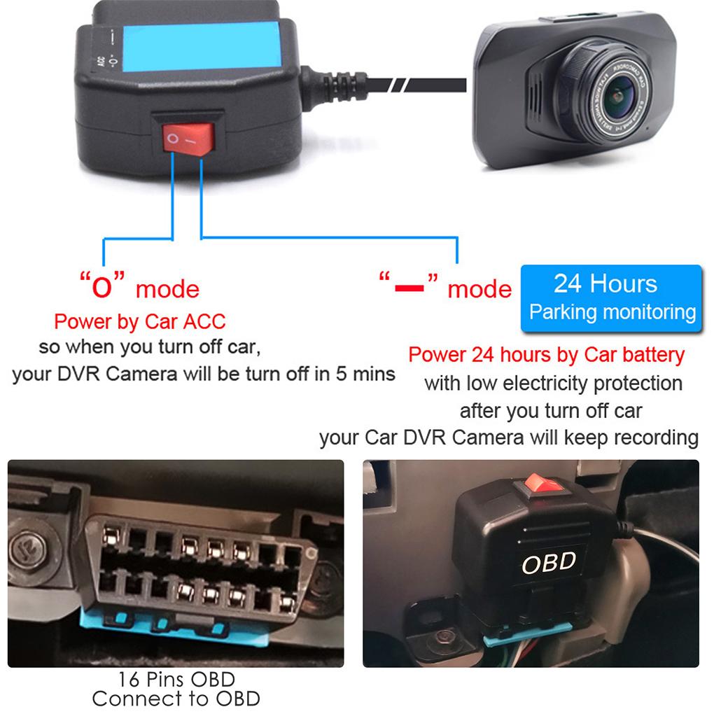 Car Dash Cam Power Source Adapter Voltage Reduction Interior ACC DVR OBD Charging Cable with Switch Electrical Cord