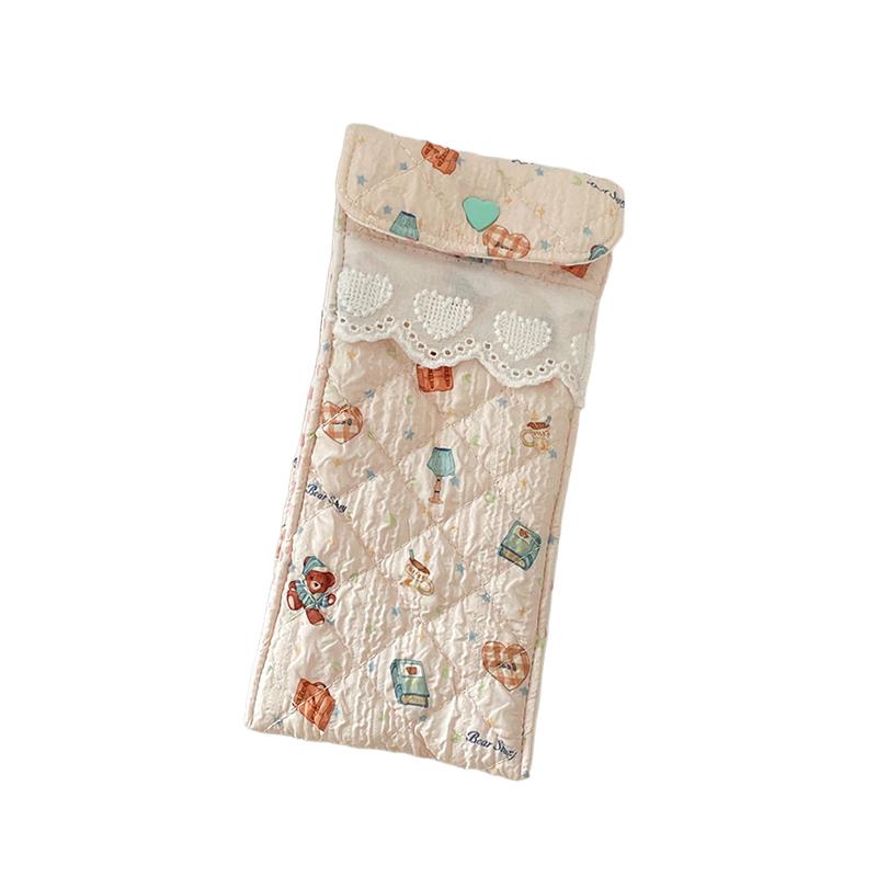 Kawaii Quilted Glasses Bag Cute Cartoon Eyeglasses Pouch Soft Cotton Sunglasses Case With Heart Button Lace For Women Girls
