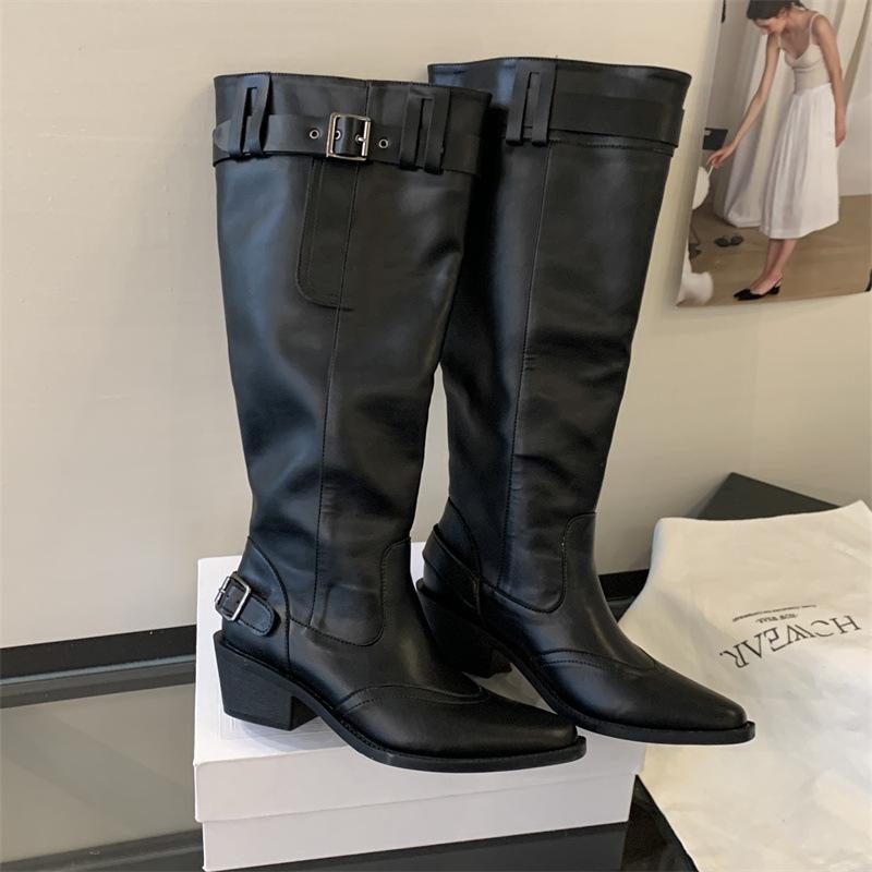 Women with Big Tube Circumference Boots 2025 Autumn and Winter Look Thin But Knee Long Boots Pointed Thick Heel Belt Buckle Pile Boots Women