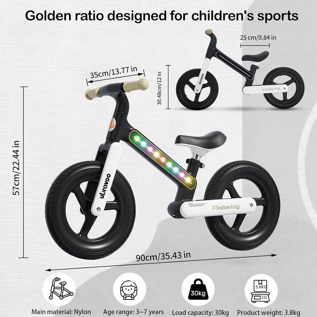 Ubravoo Rower dziecięcy Fit in Joy, 30CM/12 cali, lekki, nylonowy rower dziecięcy z ramą oświetleniową LED, rower treningowy bez pedałów dla dzieci w wieku od 3 do 7 lat