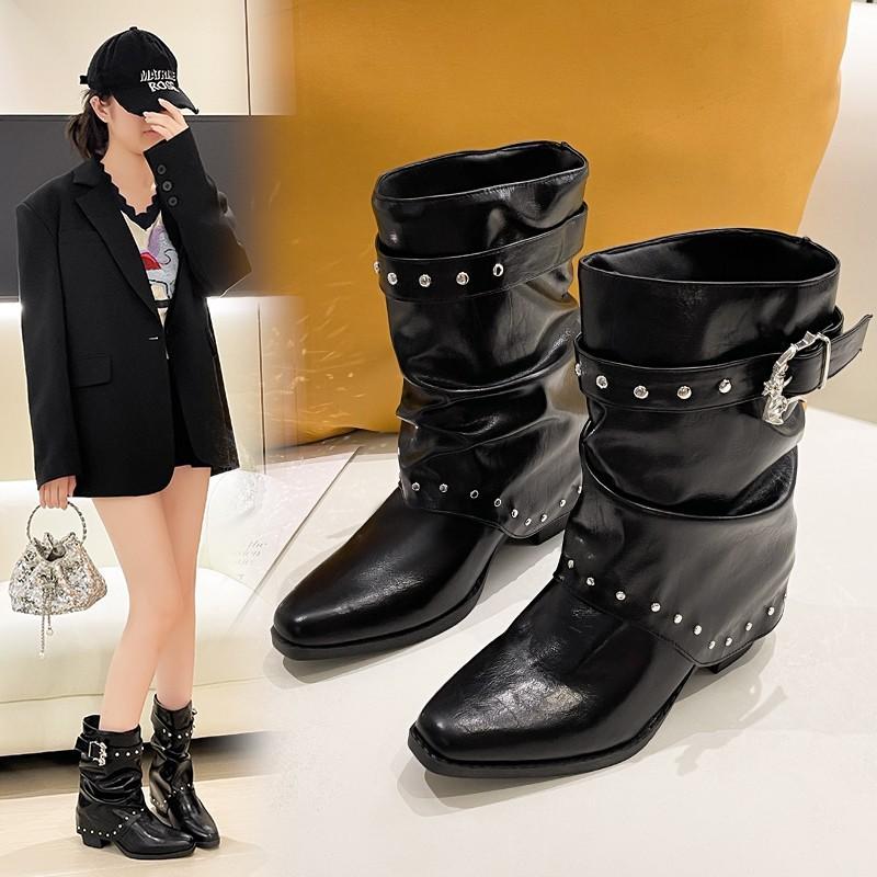 Korean version of rivet belt buckle medium heel short boots women's autumn new black cool stacking boots thin knight boots