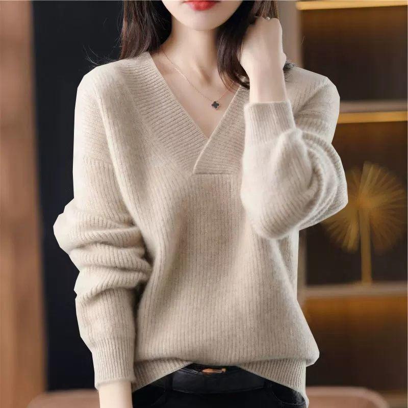 TIFICY Women's Fashion Casual Fall Winter Solid Color Print Long Sleeve V-Neck Sweaters