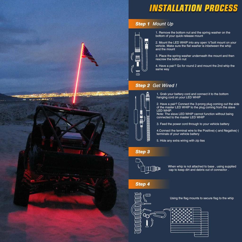 2PCS 4FT 12V Led Flag Light Waterproof Remote Control RGB Color Changing Light Off-road ATV LED Flagpole Light For UTV ATV RZR