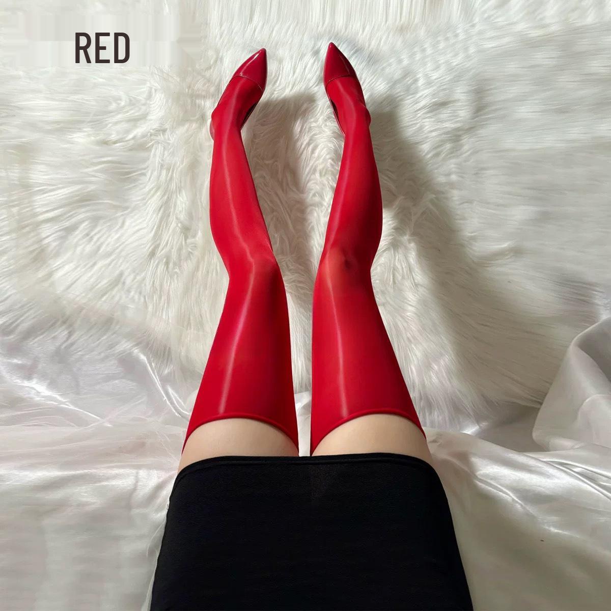 8D Glossy Over-the-Knee Stockings: Seamless White Horse Oil-Infused Thigh-Highs 8D Stockings красный