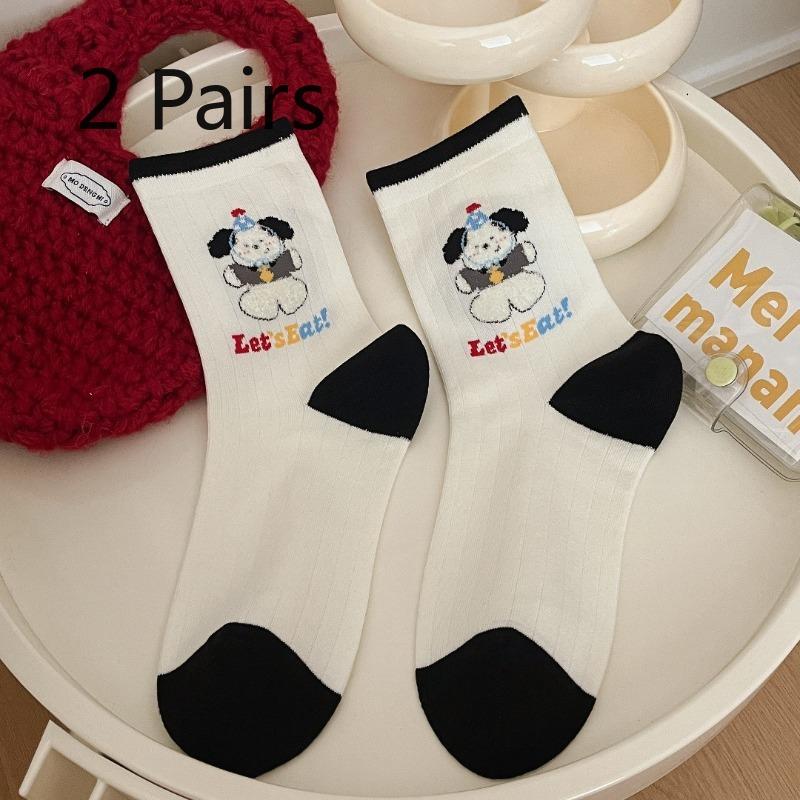 2 Pairs of Autumn and Winter Non-stretch Cotton Socks, Children's Combed Cotton Potato Chip Hamburger Dog Mid-calf Student Socks