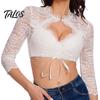 Tradiční německá blůza Dirndl Dámská crop top s květinovou krajkou, Bavorská kostýmová blůza na Oktoberfest, Krátký rukáv, Průhledná zkrácená košile, Sexy top