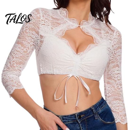 Tradiční německá blůza Dirndl Dámská crop top s květinovou krajkou, Bavorská kostýmová blůza na Oktoberfest, Krátký rukáv, Průhledná zkrácená košile, Sexy top