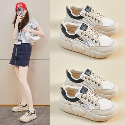 Damen Flache Plateau Schuhe Sommer Ausgehöhlt Atmungsaktiv Schnürschuhe Lässige Sneaker Damen Vielseitige Board Schuhe Khaki Schwarz