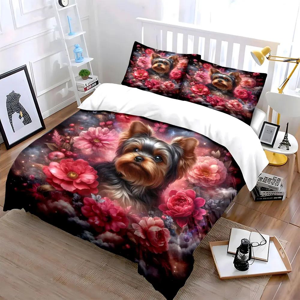 Floral Dog Art Home Decoration Bedding Set with 1 Duvet Cover 2 Pillowcases Single Double King Queen Gift