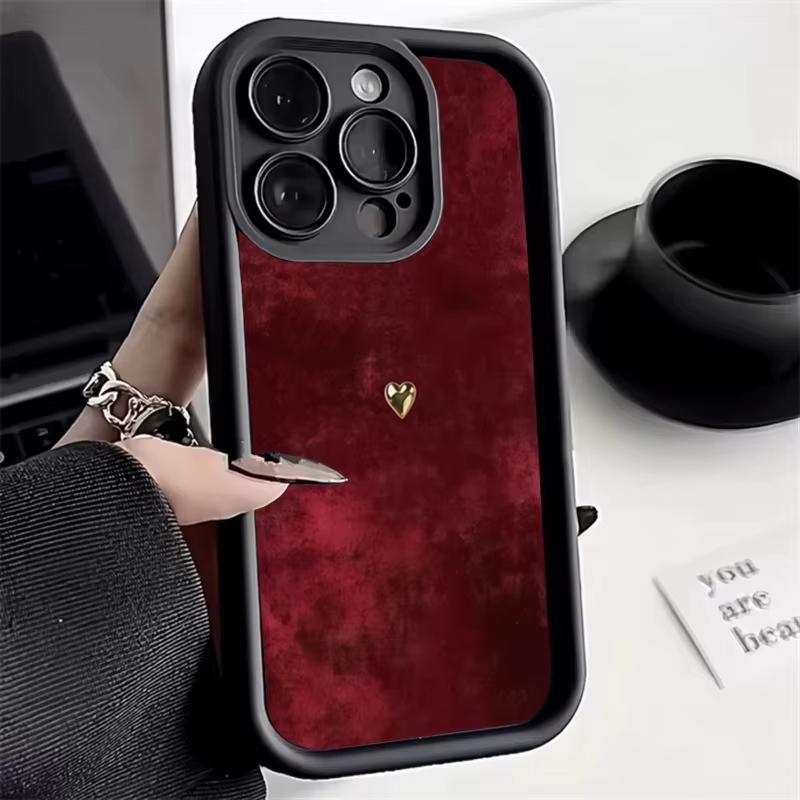 Wine Red Suede Gold Heart Leopard Silicone Phone Case For iPhone 17 16 15 14 13 12 11 Pro Max 17 Air 16E XS X XR 7 8 Plus Cover
