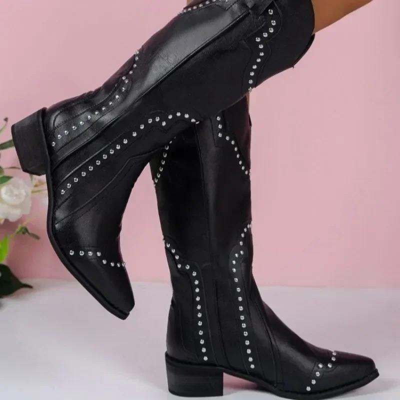 New Shoes Female Mid-Calf Women's Boots Retro Modern Boots Women Rivet Sewing Pointed Toe Slip-on Chunky Heel Shoes Women
