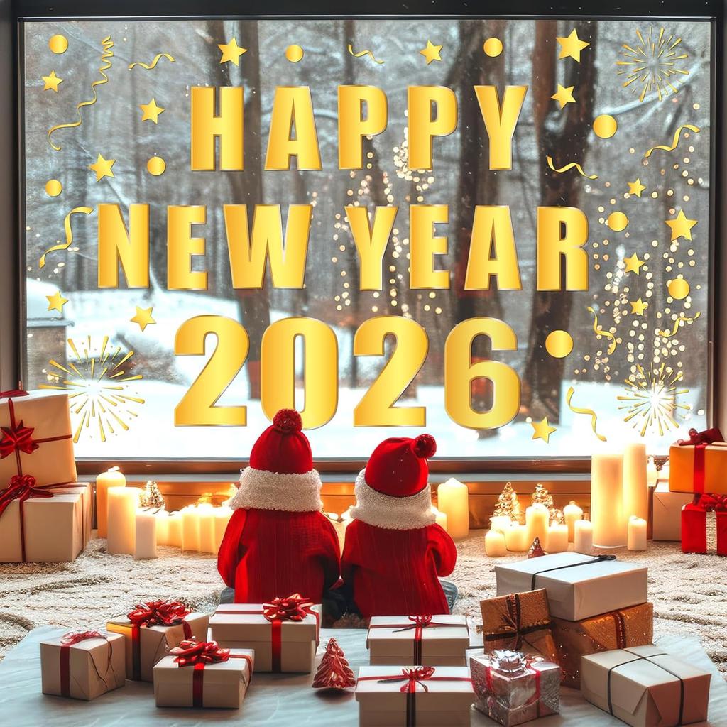 Whaline 6 Sheet 2026 Happy New Year Window Clings Foil Gold New Years Eve Firework Reble Window Decals for Home Office Classroom Party Decor