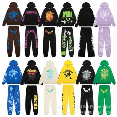 Sp5der Streetwear Mikina Jogger Set Pánský Oversized Bavlněný Fleece Potisk Písmenem Grafika Puff Ink Mikina Kalhoty