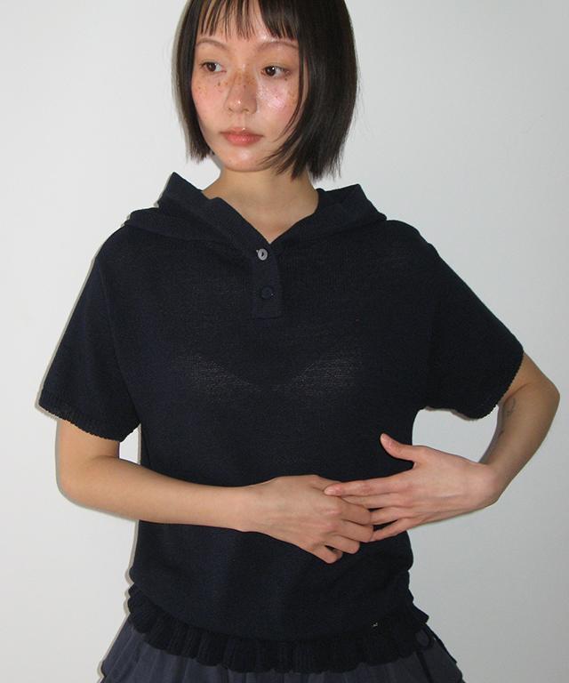 RONRON Button Hooded Frill Half Sleeve Knit Navy