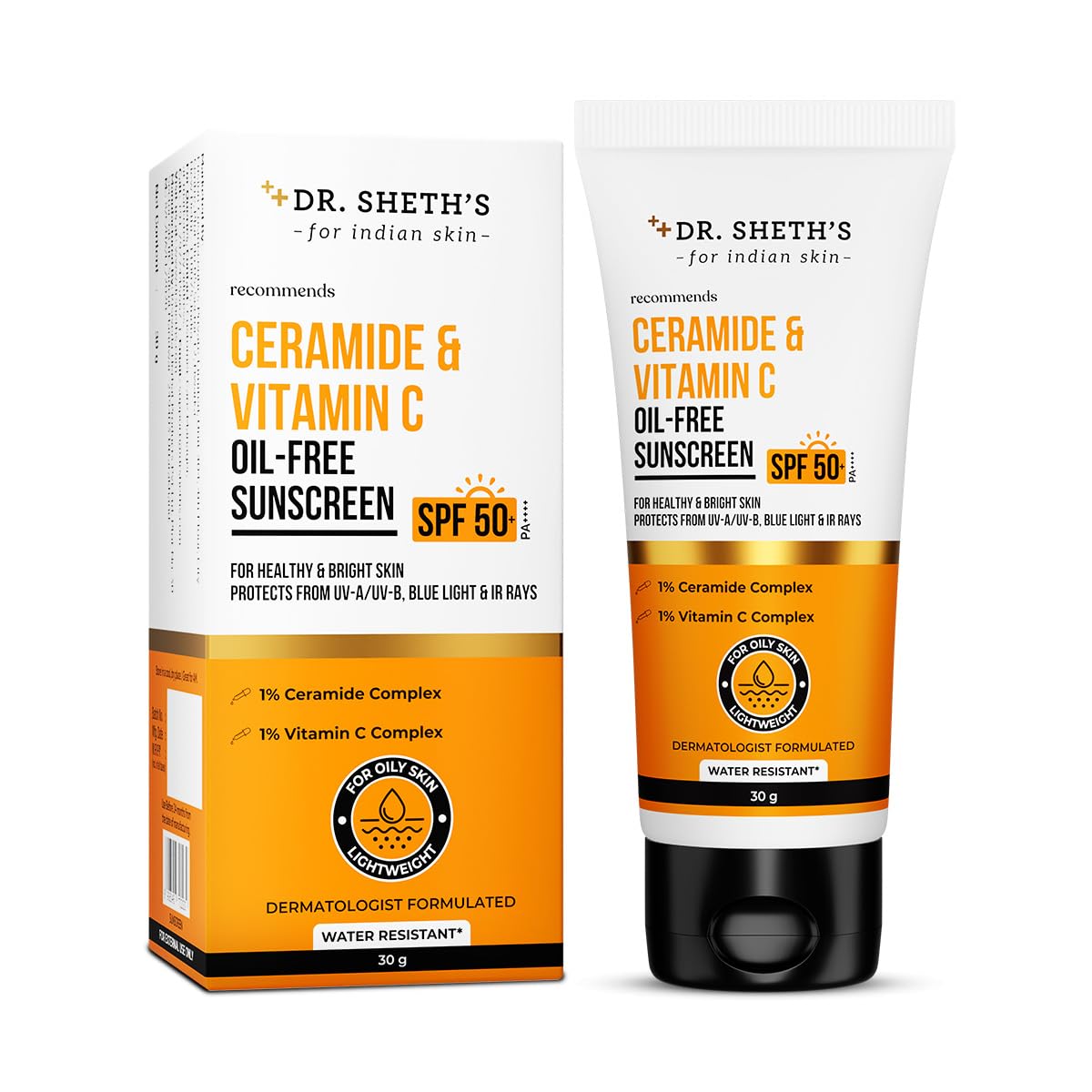 

Dr. Sheth s Ceramide & Vitamin C Oil-Free Sunscreen SPF 50+ PA++++ For Healthy Bright Skin 30 g