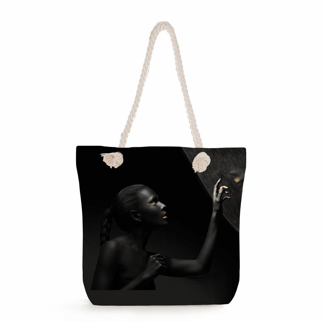 Multifunctional Cool Black People Printed Thick Rope Shoulder Beach Bag Casual Large Capacity Handbag 0114