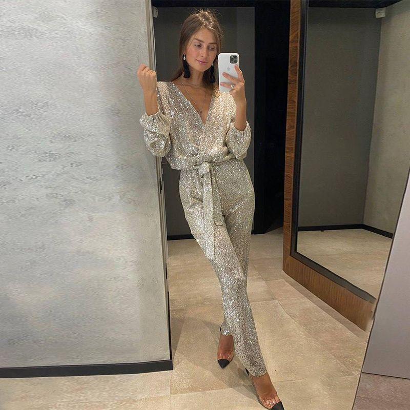 

Sequined Jumpsuit Fashion Women s New Fashion V Neck Long Sleeves Shiny Crystal Sequin Fitted Waist Jumpsuit Apricot Silver M