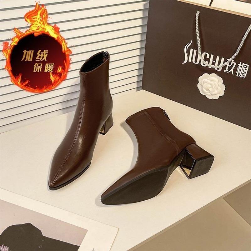 High Heel Boots Thick Heel Pointed Fashion Boots Women's Autumn and Winter New Versatile Women's Boots Rear Zipper Short Boots Women's