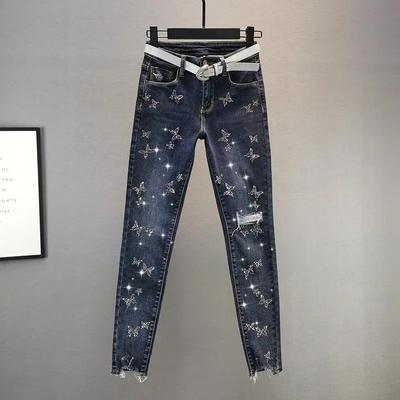 Blugi de primăvară pentru femei cu talie înaltă, slim fit, decorati cu strasuri cu fluture