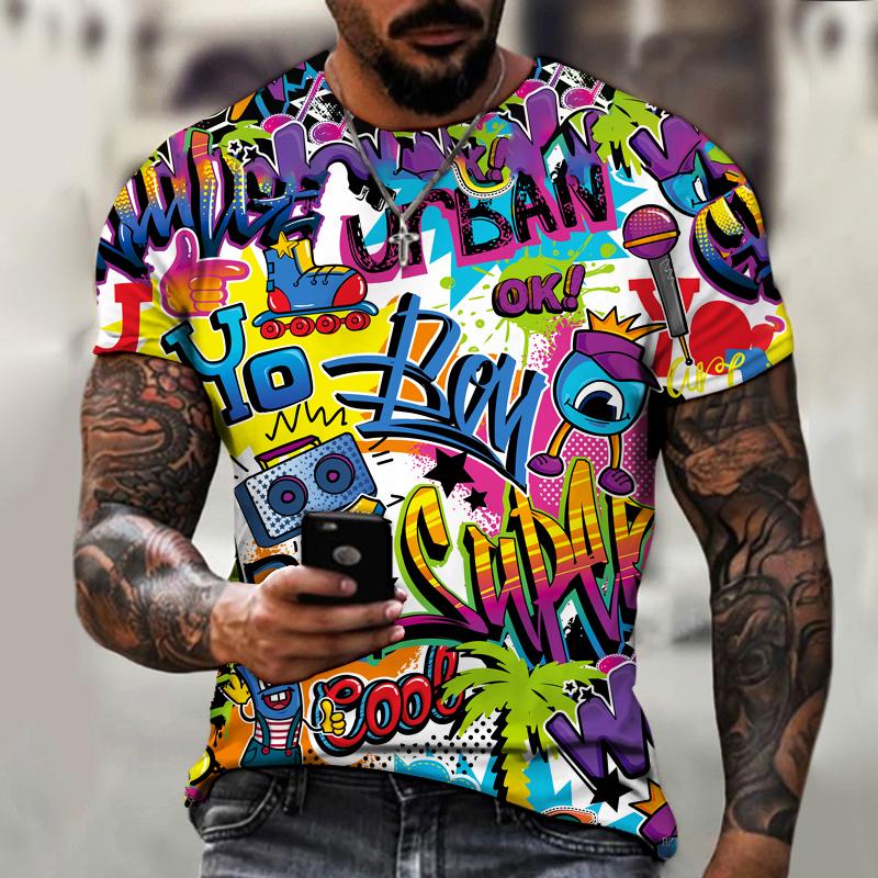 New men's street fashion graffiti explosion element 3D T-shirt Lycra polyester high-quality T-shirt plus size
