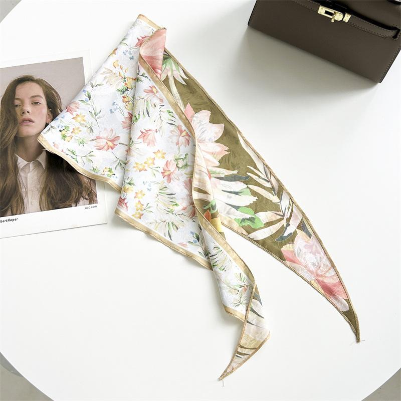 Spring and summer pastoral flower rhombus scarf dark pattern jacquard simulation silk scarf women's neck temperament small scarf tied bag