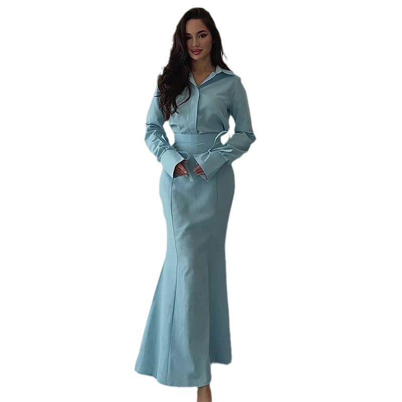 2024 Autumn Women's Solid Color Shirt & High Waist Skirt Set with Turn-down Collar and Long Sleeves