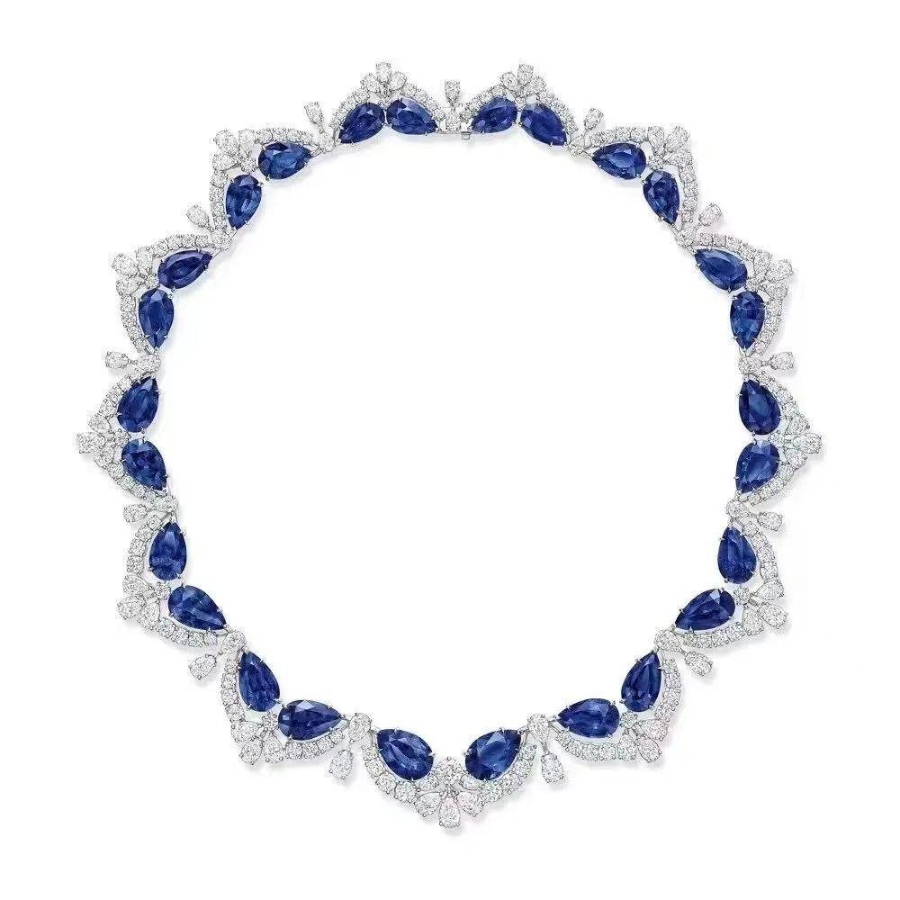 Luxury Jewelry Set: European & American Style - Tanzanite Blue Zirconia Necklace, Diamond Stud & Dangle Earrings, Water Drop Ring for Women