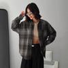 Women's Point Collar Long Sleeve Plaid Shirt Loose Fit Vintage Casual Pocket Blouse