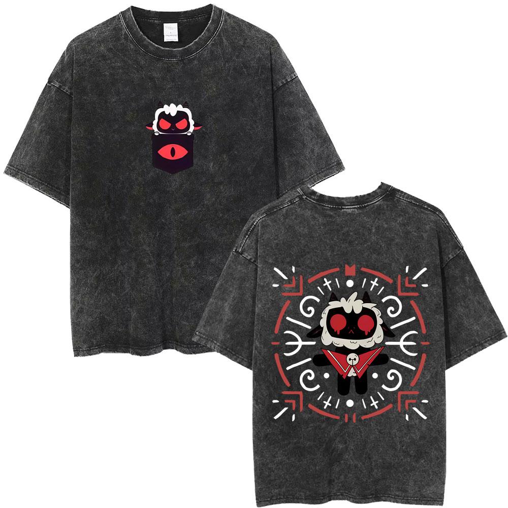 

Washed Vintage Game Cult of The Lamb Tshirt Cute Lamb Bubble Tea T Shirts Men Women Clothing Casual Retro Oversized Tshirts S