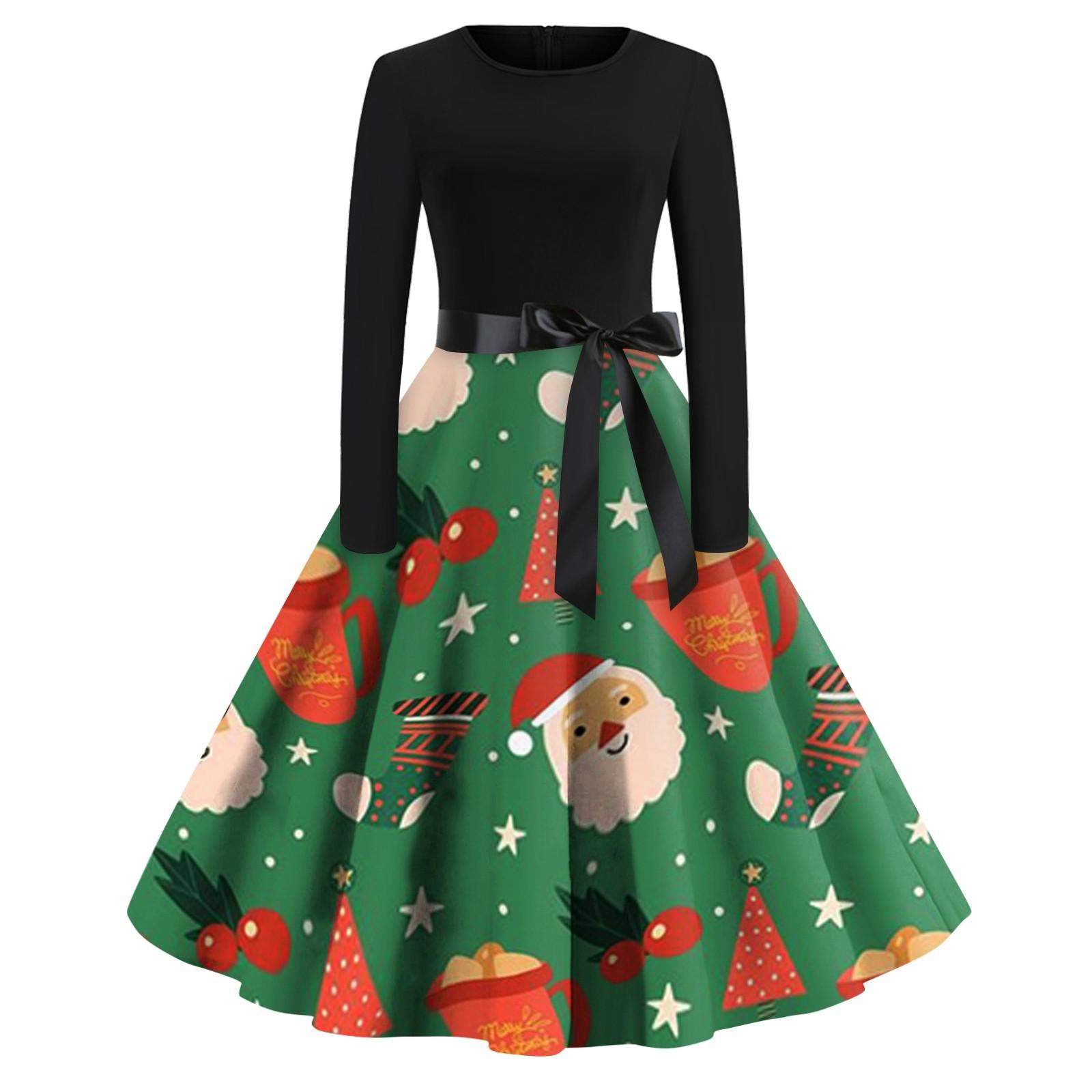 

Жіноча повсякденна модна вінтажна довга сукня з різдвяним принтом і круглим вирізом з довгим рукавом S