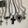 Punk Rock Black Heart Cross Pendant Chain Necklace For Men Women Cool Hip Hop Street Vintage 90s Y2K Grunge Goth Accessories